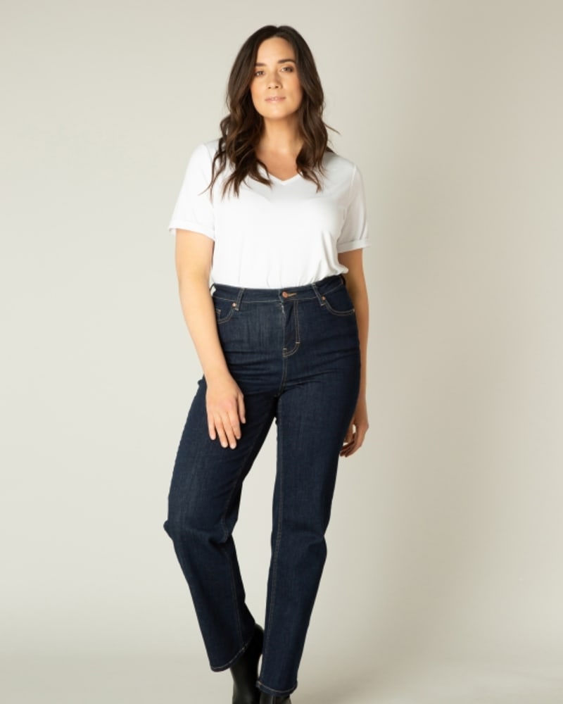 Front of a model wearing a size 5(58/60) Ayda in Dark Blue Denim by Base Level Curvy. | dia_product_style_image_id:253084